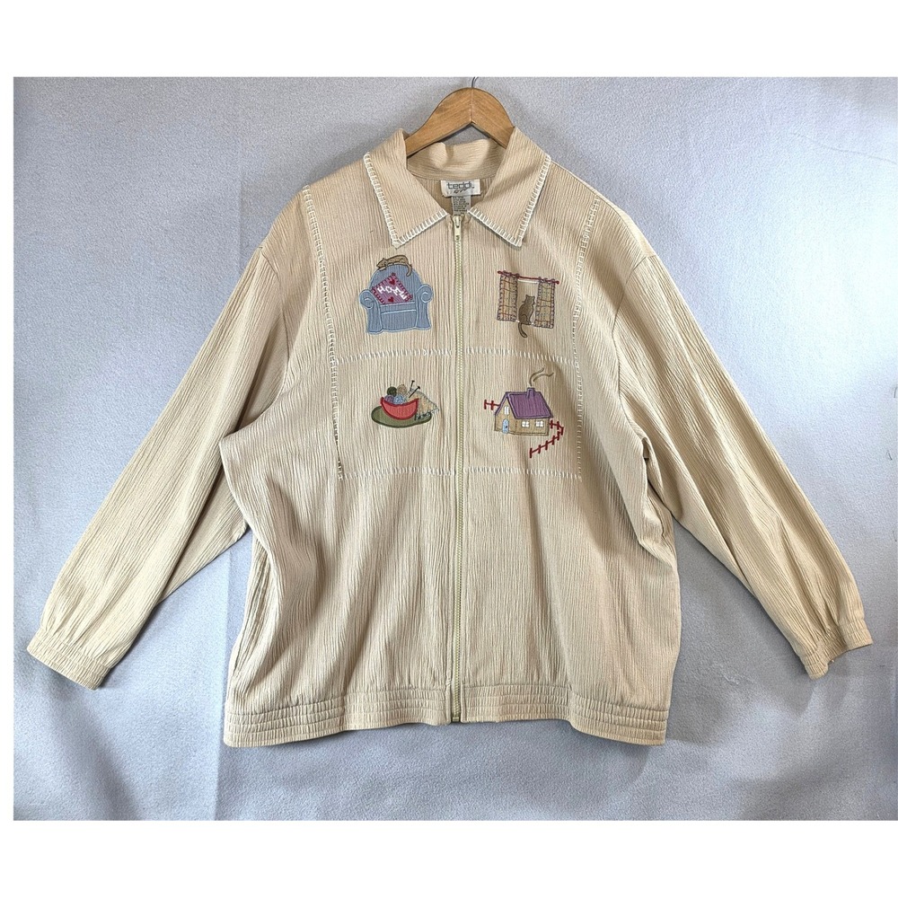 Vintage Teddi Grandmacore Cat Embroidered Zip Up Jacket 1X Tan Cottagecore Cozy
